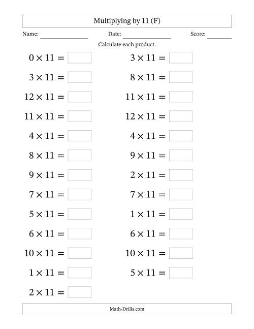 The Horizontally Arranged Multiplying (0 to 12) by 11 (25 Questions; Large Print) (F) Math Worksheet