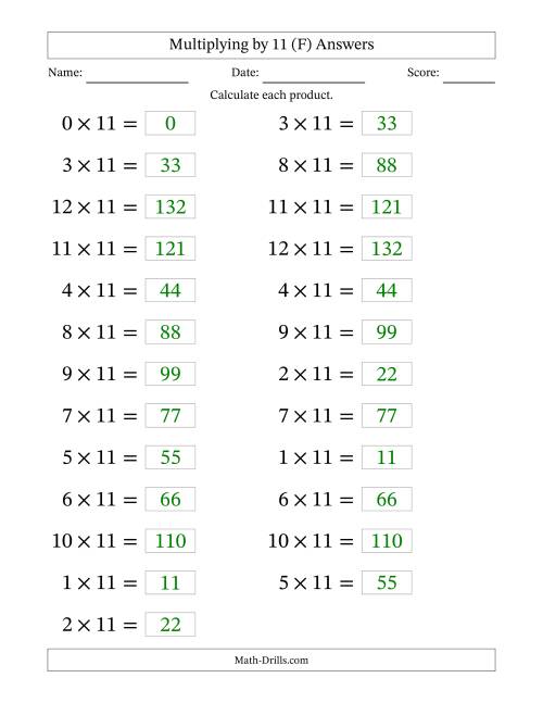 The Horizontally Arranged Multiplying (0 to 12) by 11 (25 Questions; Large Print) (F) Math Worksheet Page 2