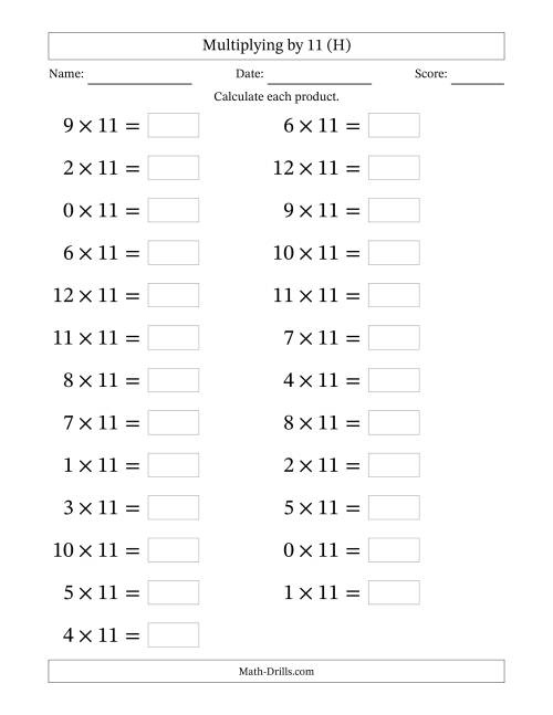 The Horizontally Arranged Multiplying (0 to 12) by 11 (25 Questions; Large Print) (H) Math Worksheet