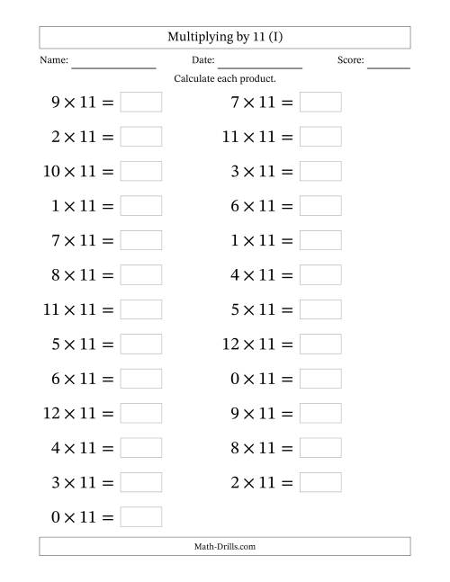 The Horizontally Arranged Multiplying (0 to 12) by 11 (25 Questions; Large Print) (I) Math Worksheet