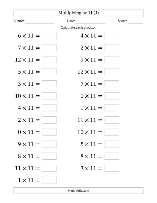 The Horizontally Arranged Multiplying (0 to 12) by 11 (25 Questions; Large Print) (J) Math Worksheet