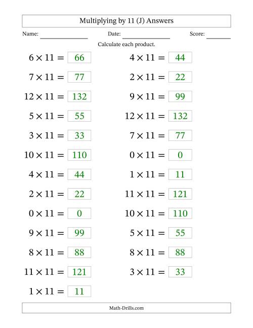 The Horizontally Arranged Multiplying (0 to 12) by 11 (25 Questions; Large Print) (J) Math Worksheet Page 2