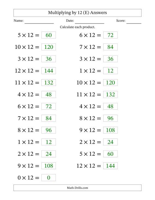 The Horizontally Arranged Multiplying (0 to 12) by 12 (25 Questions; Large Print) (E) Math Worksheet Page 2