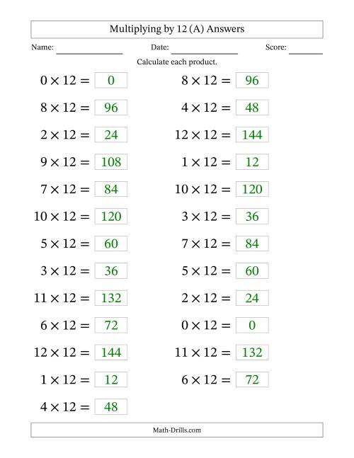 The Horizontally Arranged Multiplying (0 to 12) by 12 (25 Questions; Large Print) (All) Math Worksheet Page 2