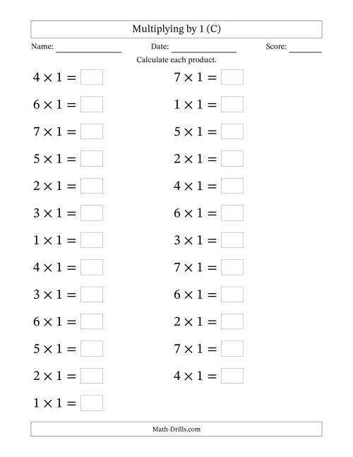 The Horizontally Arranged Multiplying (1 to 7) by 1 (25 Questions; Large Print) (C) Math Worksheet