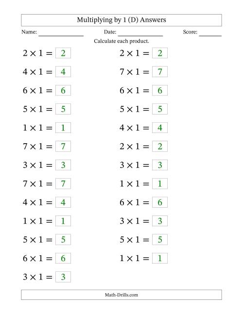 The Horizontally Arranged Multiplying (1 to 7) by 1 (25 Questions; Large Print) (D) Math Worksheet Page 2