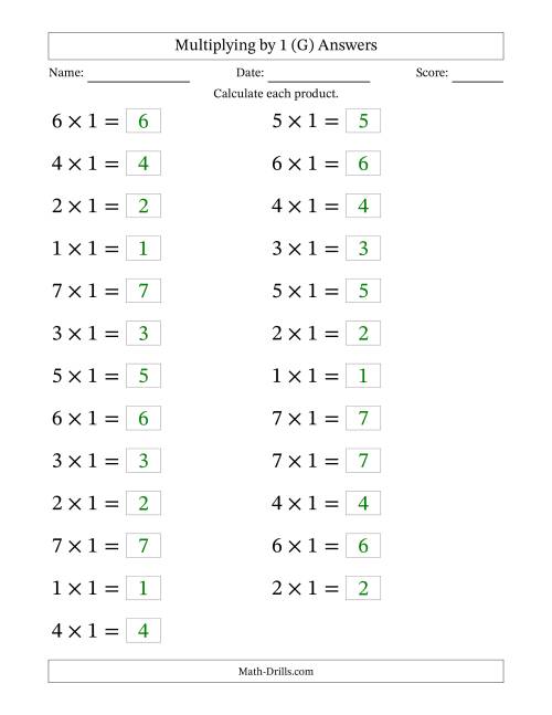 The Horizontally Arranged Multiplying (1 to 7) by 1 (25 Questions; Large Print) (G) Math Worksheet Page 2