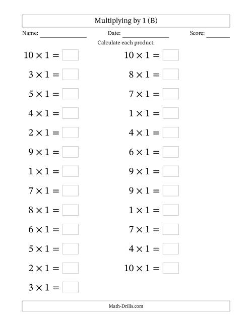 The Horizontally Arranged Multiplying (1 to 10) by 1 (25 Questions; Large Print) (B) Math Worksheet