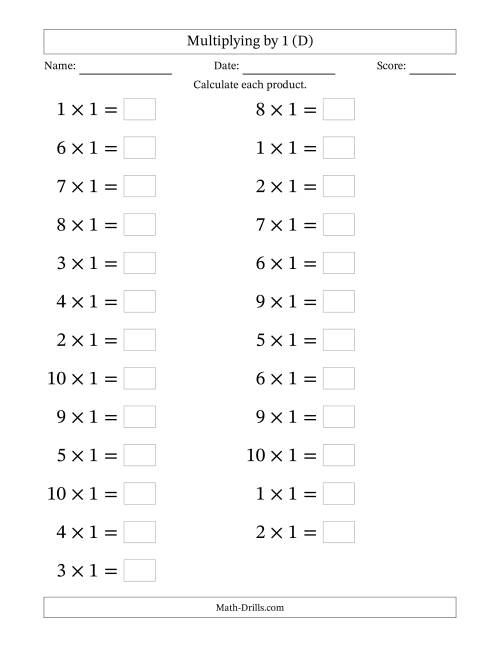 The Horizontally Arranged Multiplying (1 to 10) by 1 (25 Questions; Large Print) (D) Math Worksheet