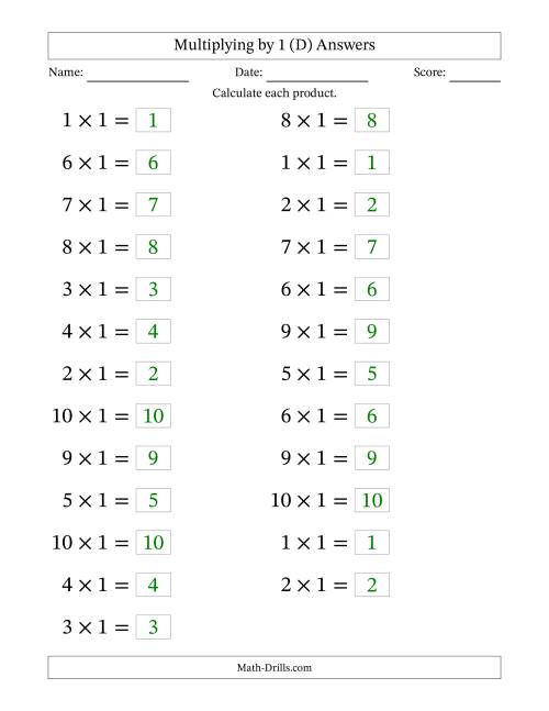 The Horizontally Arranged Multiplying (1 to 10) by 1 (25 Questions; Large Print) (D) Math Worksheet Page 2