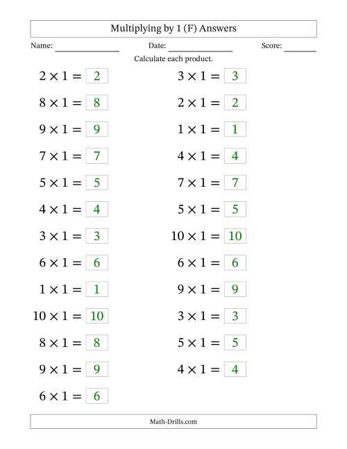 The Horizontally Arranged Multiplying (1 to 10) by 1 (25 Questions; Large Print) (F) Math Worksheet Page 2