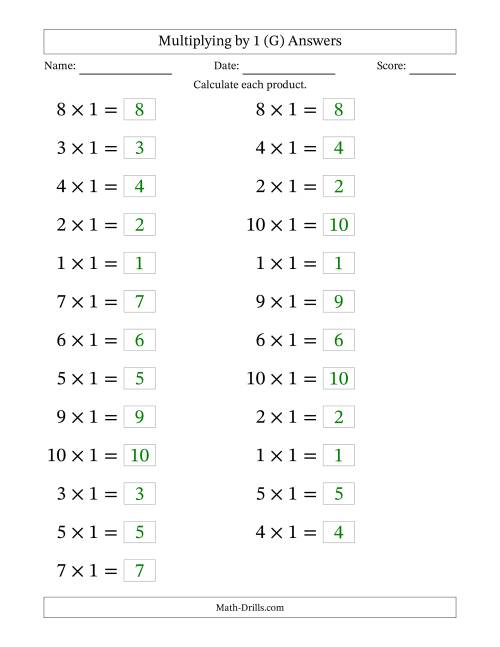 The Horizontally Arranged Multiplying (1 to 10) by 1 (25 Questions; Large Print) (G) Math Worksheet Page 2