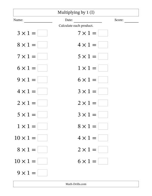 The Horizontally Arranged Multiplying (1 to 10) by 1 (25 Questions; Large Print) (I) Math Worksheet