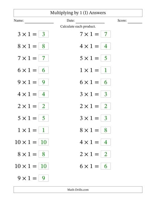 The Horizontally Arranged Multiplying (1 to 10) by 1 (25 Questions; Large Print) (I) Math Worksheet Page 2