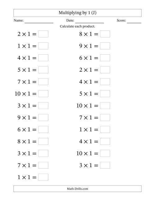 The Horizontally Arranged Multiplying (1 to 10) by 1 (25 Questions; Large Print) (J) Math Worksheet