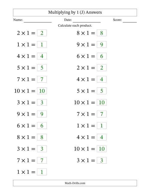 The Horizontally Arranged Multiplying (1 to 10) by 1 (25 Questions; Large Print) (J) Math Worksheet Page 2