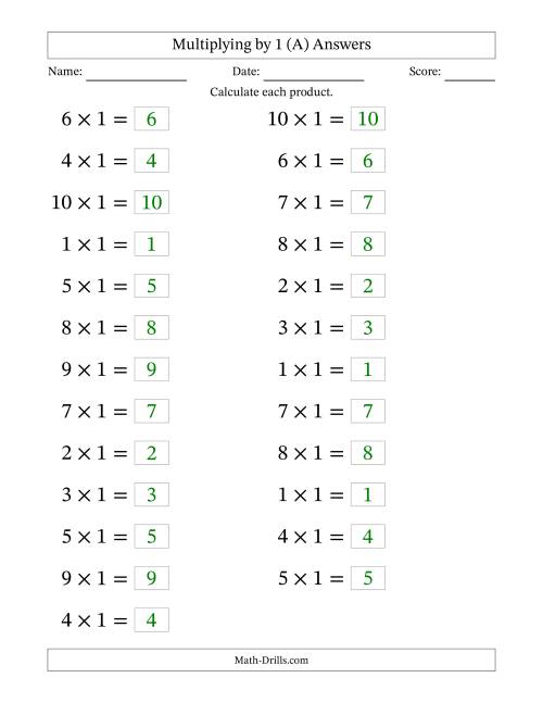 The Horizontally Arranged Multiplying (1 to 10) by 1 (25 Questions; Large Print) (All) Math Worksheet Page 2