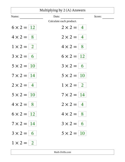 The Horizontally Arranged Multiplying (1 to 7) by 2 (25 Questions; Large Print) (A) Math Worksheet Page 2