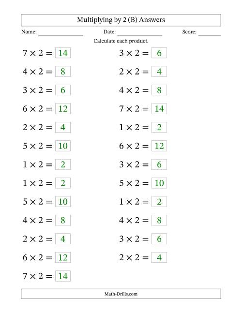 The Horizontally Arranged Multiplying (1 to 7) by 2 (25 Questions; Large Print) (B) Math Worksheet Page 2
