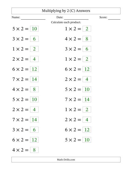 The Horizontally Arranged Multiplying (1 to 7) by 2 (25 Questions; Large Print) (C) Math Worksheet Page 2