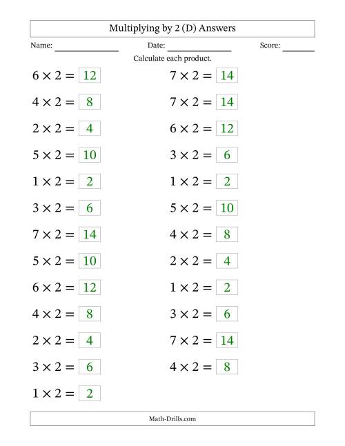 The Horizontally Arranged Multiplying (1 to 7) by 2 (25 Questions; Large Print) (D) Math Worksheet Page 2
