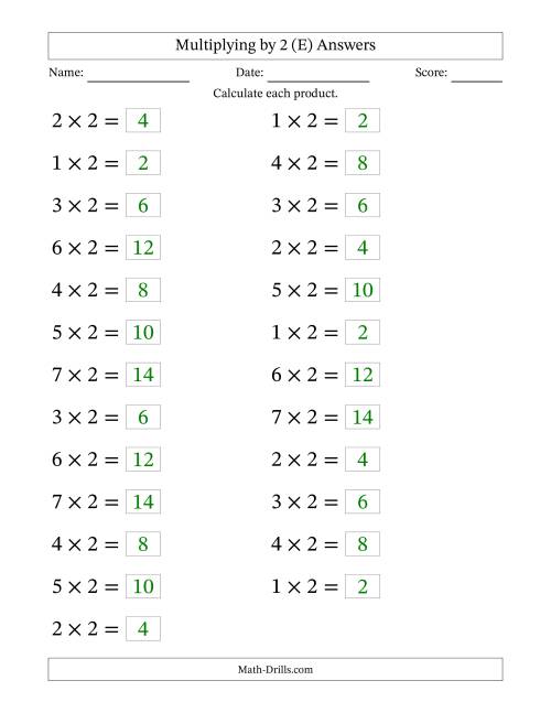 The Horizontally Arranged Multiplying (1 to 7) by 2 (25 Questions; Large Print) (E) Math Worksheet Page 2
