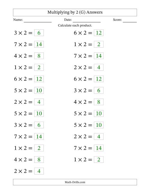 The Horizontally Arranged Multiplying (1 to 7) by 2 (25 Questions; Large Print) (G) Math Worksheet Page 2