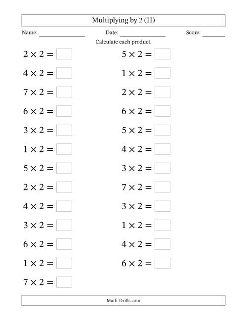 The Horizontally Arranged Multiplying (1 to 7) by 2 (25 Questions; Large Print) (H) Math Worksheet