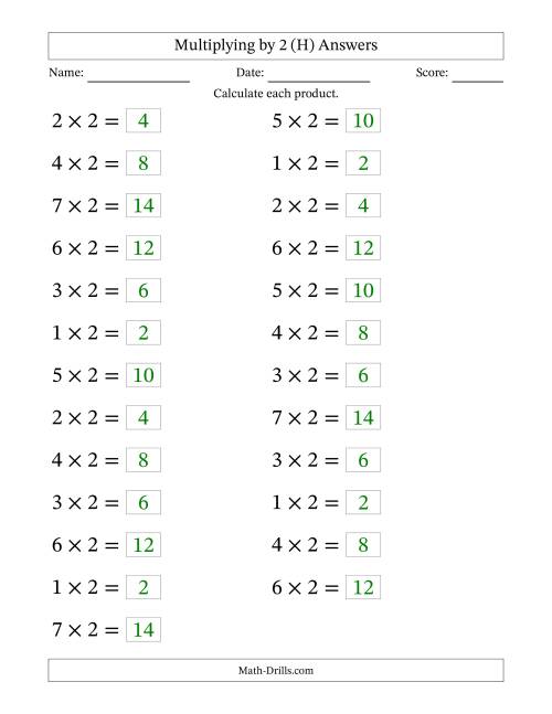 The Horizontally Arranged Multiplying (1 to 7) by 2 (25 Questions; Large Print) (H) Math Worksheet Page 2