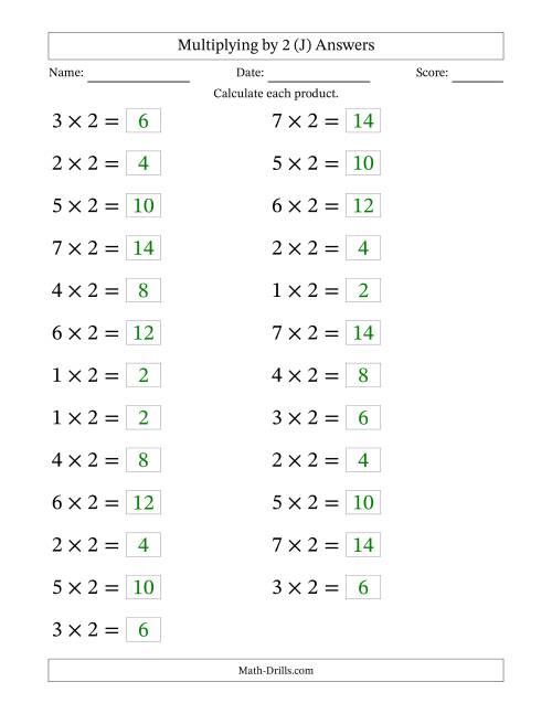 The Horizontally Arranged Multiplying (1 to 7) by 2 (25 Questions; Large Print) (J) Math Worksheet Page 2
