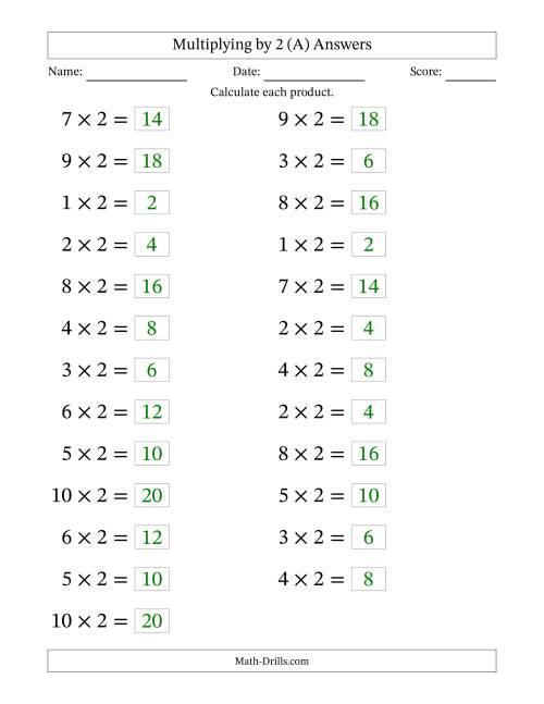 The Horizontally Arranged Multiplying (1 to 10) by 2 (25 Questions; Large Print) (A) Math Worksheet Page 2