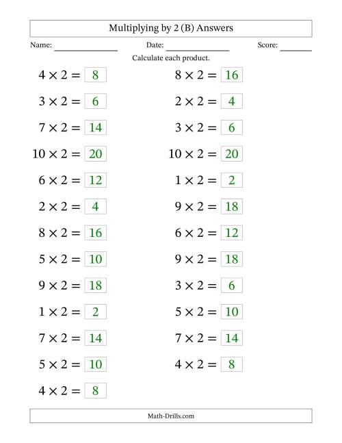 The Horizontally Arranged Multiplying (1 to 10) by 2 (25 Questions; Large Print) (B) Math Worksheet Page 2