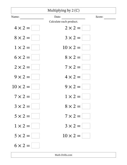 The Horizontally Arranged Multiplying (1 to 10) by 2 (25 Questions; Large Print) (C) Math Worksheet