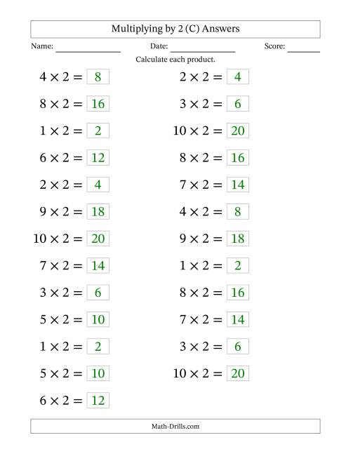 The Horizontally Arranged Multiplying (1 to 10) by 2 (25 Questions; Large Print) (C) Math Worksheet Page 2