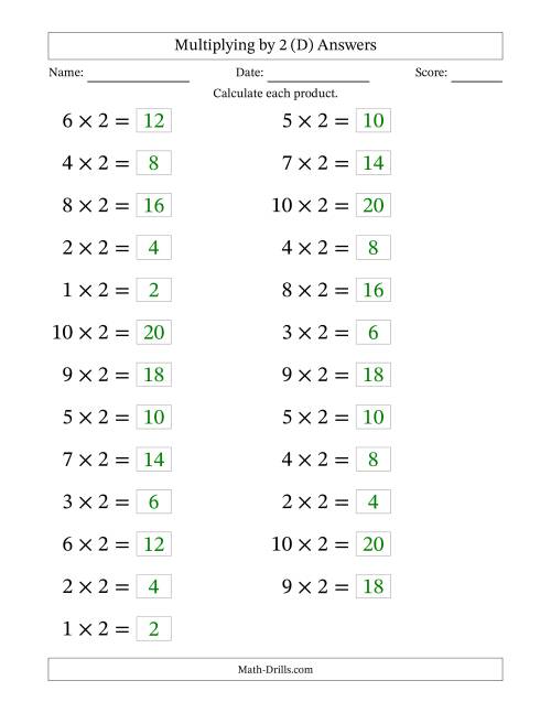The Horizontally Arranged Multiplying (1 to 10) by 2 (25 Questions; Large Print) (D) Math Worksheet Page 2