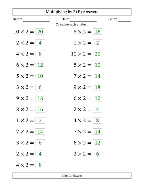 The Horizontally Arranged Multiplying (1 to 10) by 2 (25 Questions; Large Print) (E) Math Worksheet Page 2