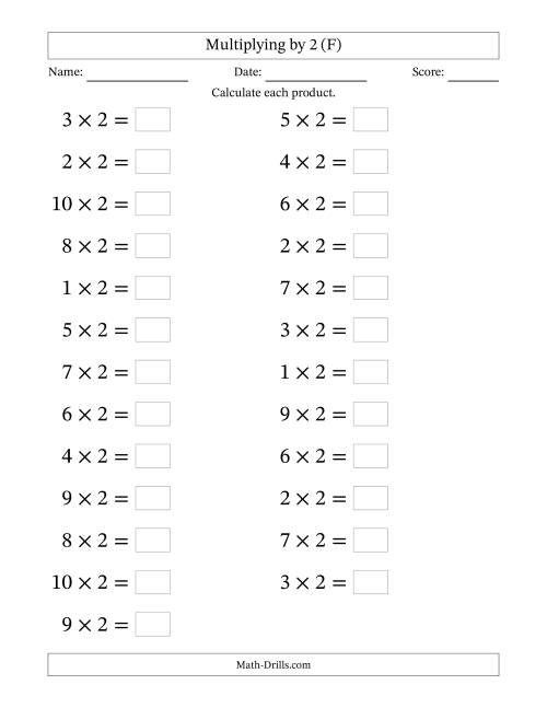 The Horizontally Arranged Multiplying (1 to 10) by 2 (25 Questions; Large Print) (F) Math Worksheet