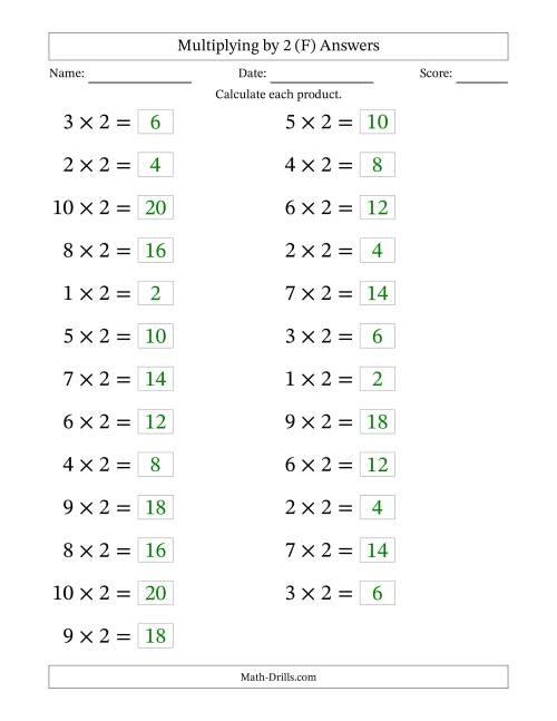 The Horizontally Arranged Multiplying (1 to 10) by 2 (25 Questions; Large Print) (F) Math Worksheet Page 2