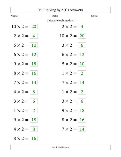 The Horizontally Arranged Multiplying (1 to 10) by 2 (25 Questions; Large Print) (G) Math Worksheet Page 2