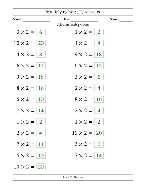 The Horizontally Arranged Multiplying (1 to 10) by 2 (25 Questions; Large Print) (H) Math Worksheet Page 2