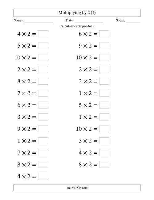 The Horizontally Arranged Multiplying (1 to 10) by 2 (25 Questions; Large Print) (I) Math Worksheet