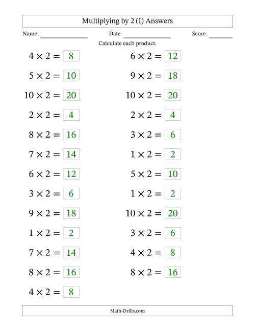 The Horizontally Arranged Multiplying (1 to 10) by 2 (25 Questions; Large Print) (I) Math Worksheet Page 2