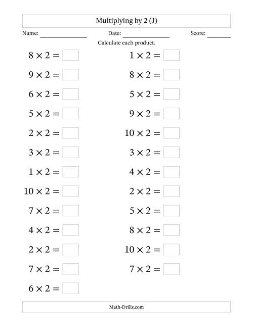 The Horizontally Arranged Multiplying (1 to 10) by 2 (25 Questions; Large Print) (J) Math Worksheet