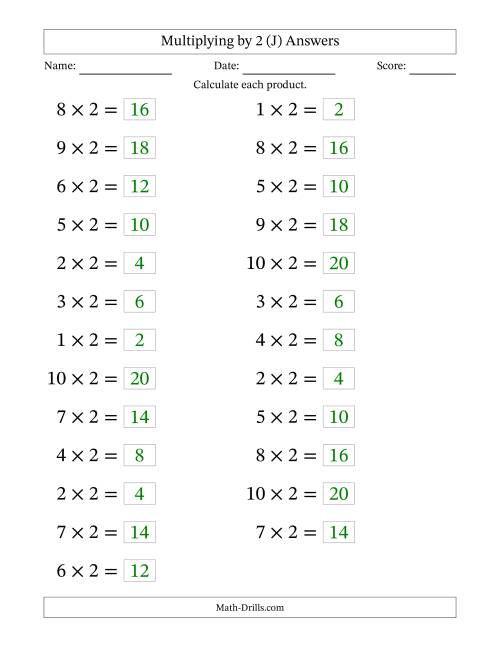 The Horizontally Arranged Multiplying (1 to 10) by 2 (25 Questions; Large Print) (J) Math Worksheet Page 2