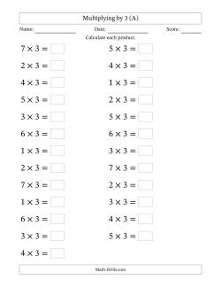 Horizontally Arranged Multiplying (1 to 7) by 3 (25 Questions; Large Print)