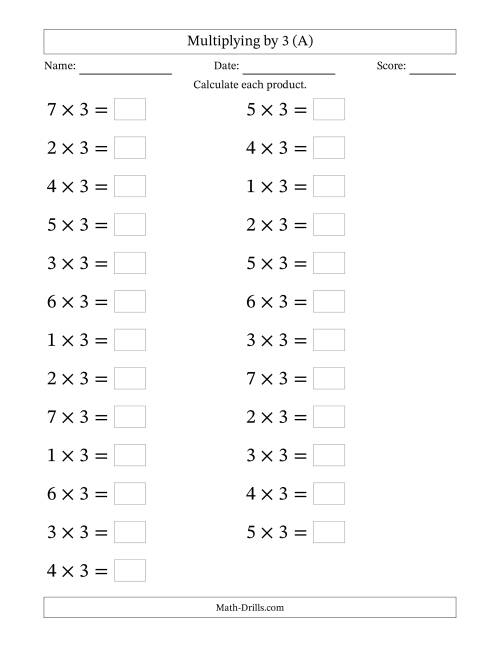 The Horizontally Arranged Multiplying (1 to 7) by 3 (25 Questions; Large Print) (A) Math Worksheet