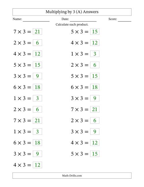 The Horizontally Arranged Multiplying (1 to 7) by 3 (25 Questions; Large Print) (A) Math Worksheet Page 2