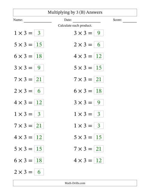 The Horizontally Arranged Multiplying (1 to 7) by 3 (25 Questions; Large Print) (B) Math Worksheet Page 2