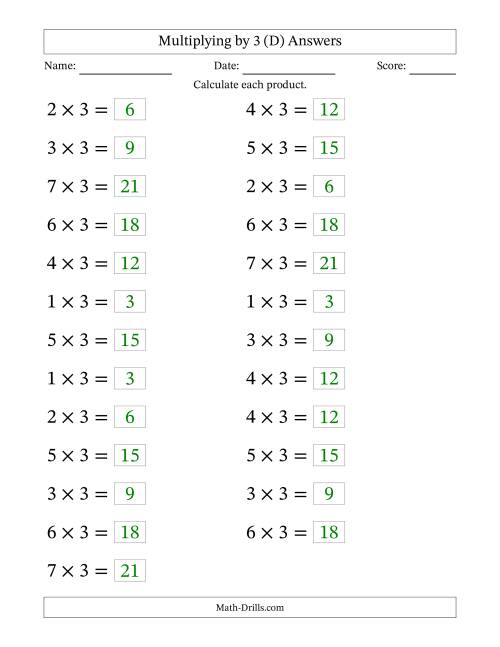 The Horizontally Arranged Multiplying (1 to 7) by 3 (25 Questions; Large Print) (D) Math Worksheet Page 2