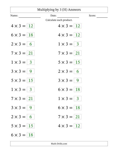 The Horizontally Arranged Multiplying (1 to 7) by 3 (25 Questions; Large Print) (H) Math Worksheet Page 2